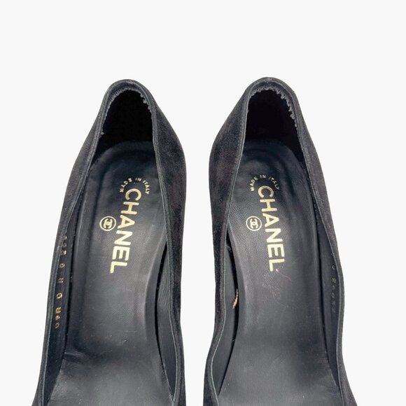 Chanel Platform Pearl Pumps EU 41 US 10-10.5 Black Suede Leather Cap Toe Heel - Picture 4 of 12